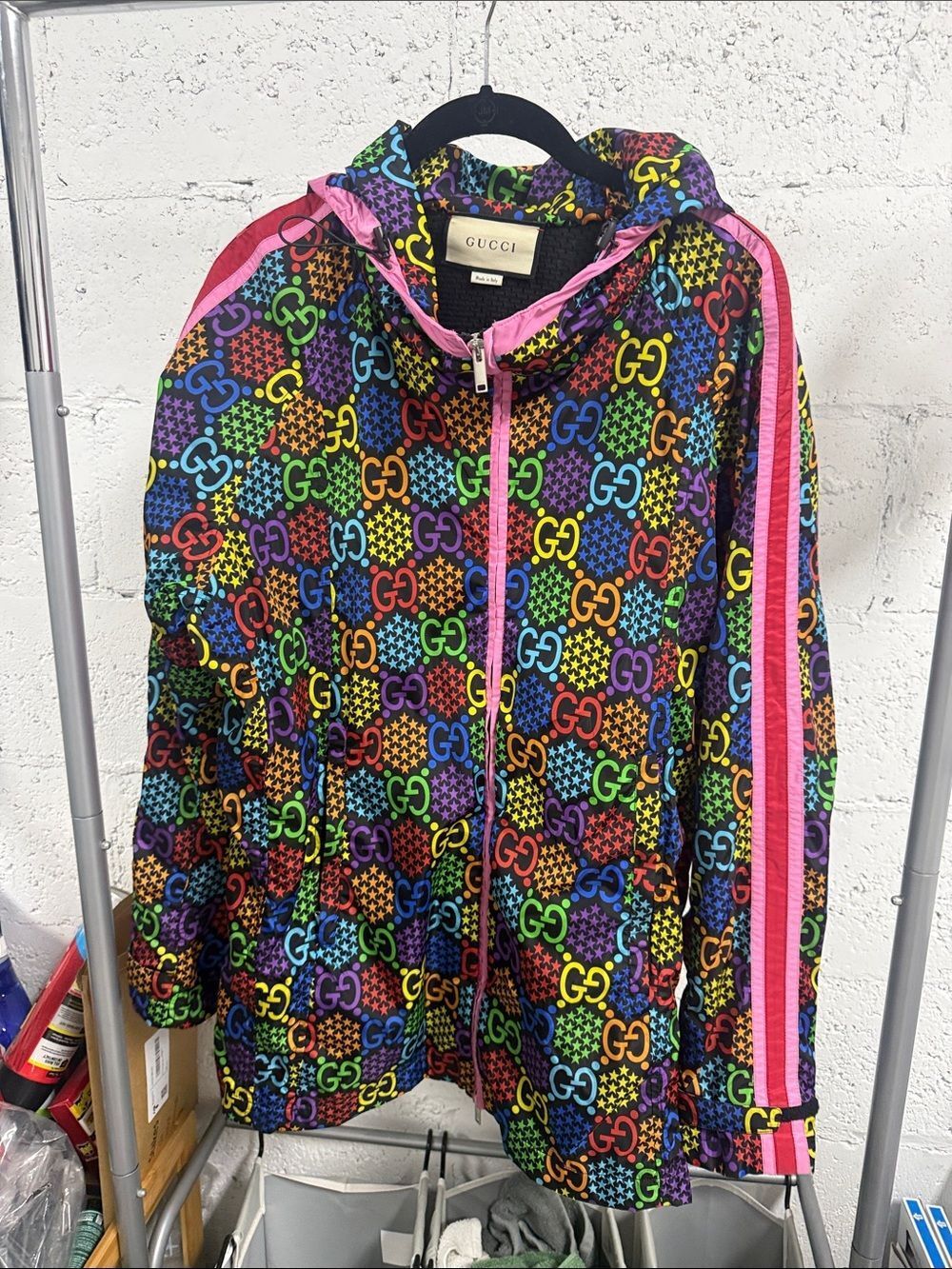 AUTHENTICâGucci Multicolor GG Hooded Windbreaker Pink Trim - Zip Up - Size Small - Picture 1 of 6